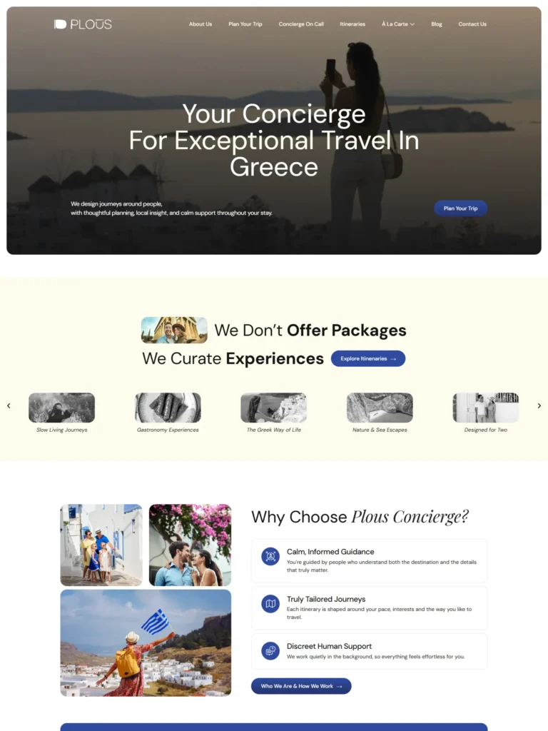 Webvibes | Κατασκευή Ιστοσελίδων & Digital Marketing - Αθήνα 4 Στιγμιότυπο της αρχικής σελίδας του Plous Concierge από project της Webvibes