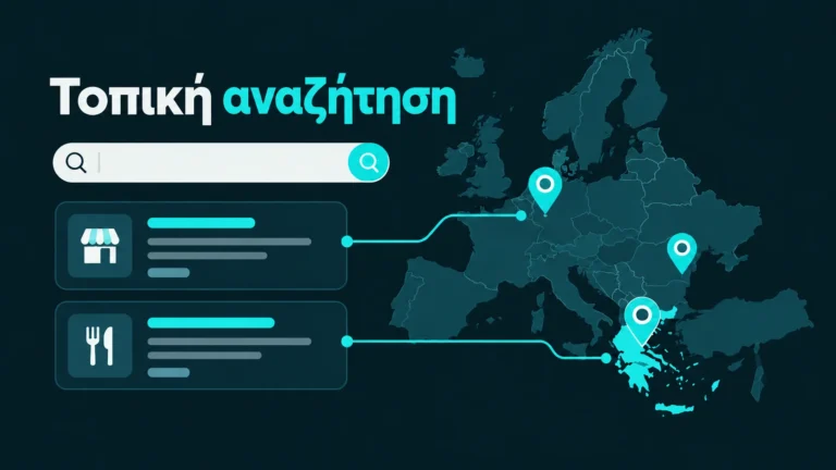 Γραφικός χάρτης της Ευρώπης με τονισμένη την Ελλάδα, δείκτες τοποθεσίας και κάρτες αναζήτησης, με τίτλο «Τοπική αναζήτηση».