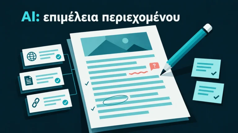 Γραφικό άρθρου με μολύβι, σημειώσεις διόρθωσης και κάρτες ελέγχου πηγών, με τίτλο «AI: επιμέλεια περιεχομένου».