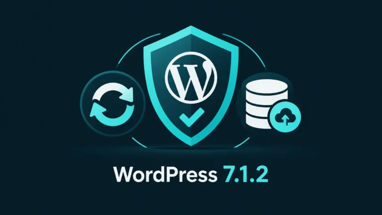 Ασπίδα με το σύμβολο WordPress, βέλη ενημέρωσης και εικονίδιο αντιγράφου ασφαλείας σε σκούρο φόντο.